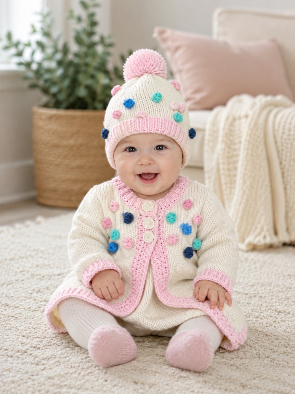Huggalugs Popcorn Baby Cardigan and Pom-Pom Hat Set (033)